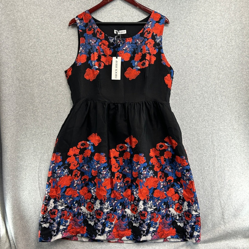 Frock Shop Fit and Flare Dress Black Dark Floral Sleeveless Pockets Women XL NEW